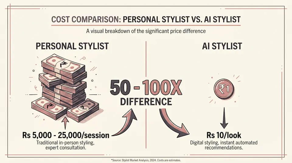 Cost comparison infographic showing personal stylist at Rs 5,000-25,000 per session versus AI stylist at Rs 10 per look