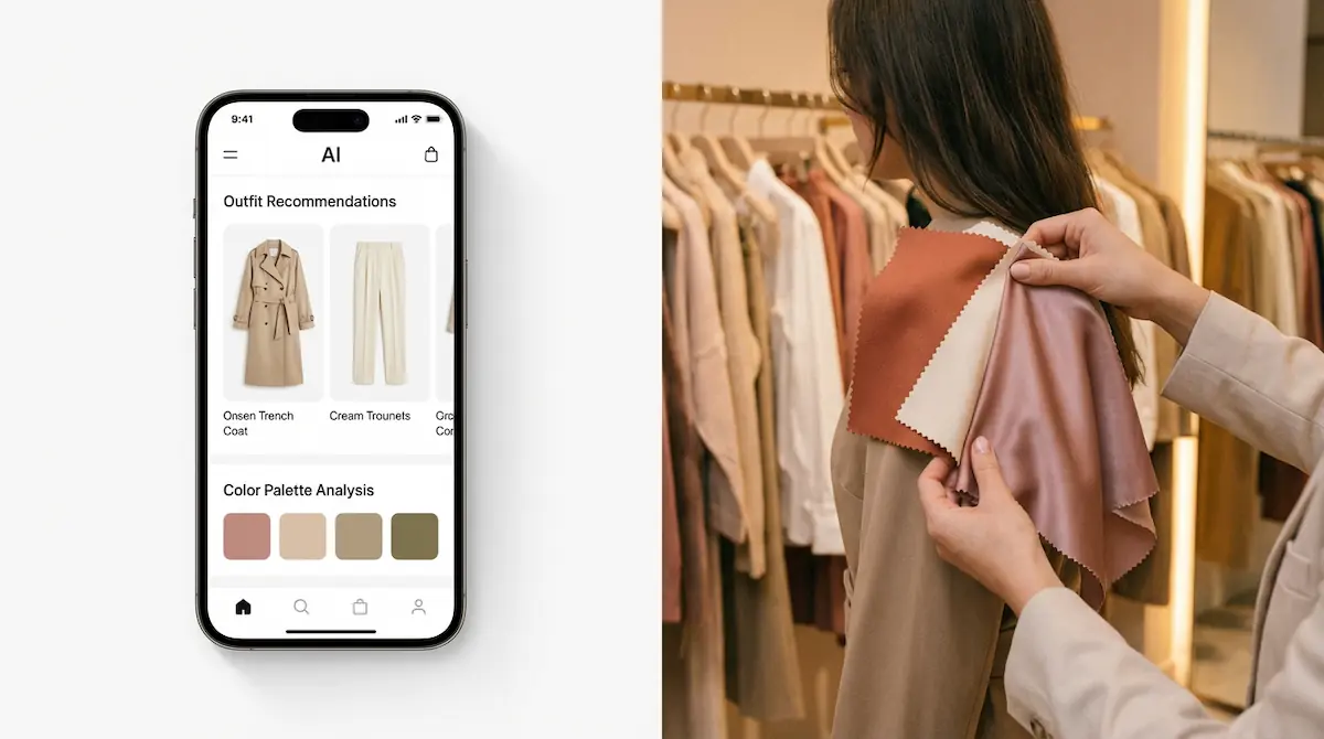 Split comparison showing AI stylist app on phone versus human personal stylist with fabric swatches