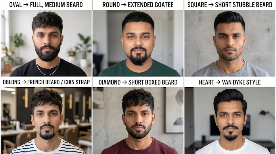Beard styles for different face shapes: full beard for oval, goatee for round, stubble for square, French beard for oblong, short boxed for diamond, Van Dyke for heart