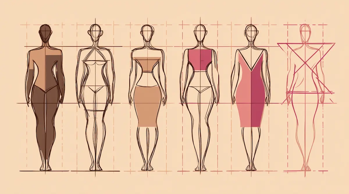 Illustrated guide showing six body shape silhouettes with proportion measurement lines