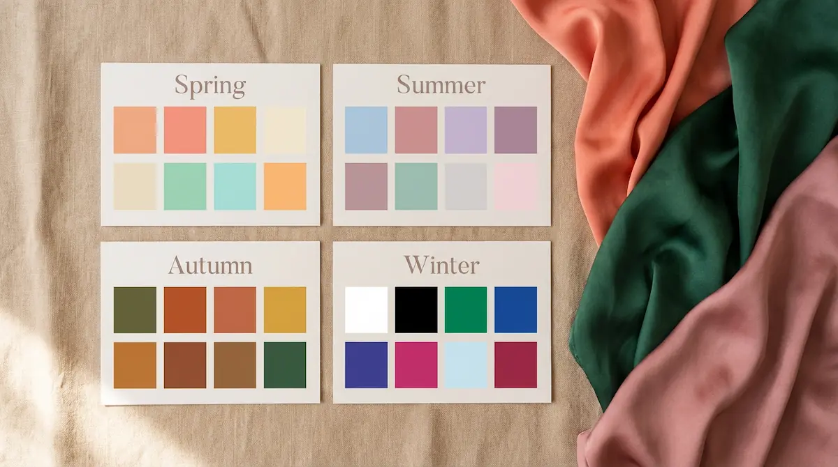 Seasonal color analysis palette cards showing Spring, Summer, Autumn, and Winter color swatches on a linen surface