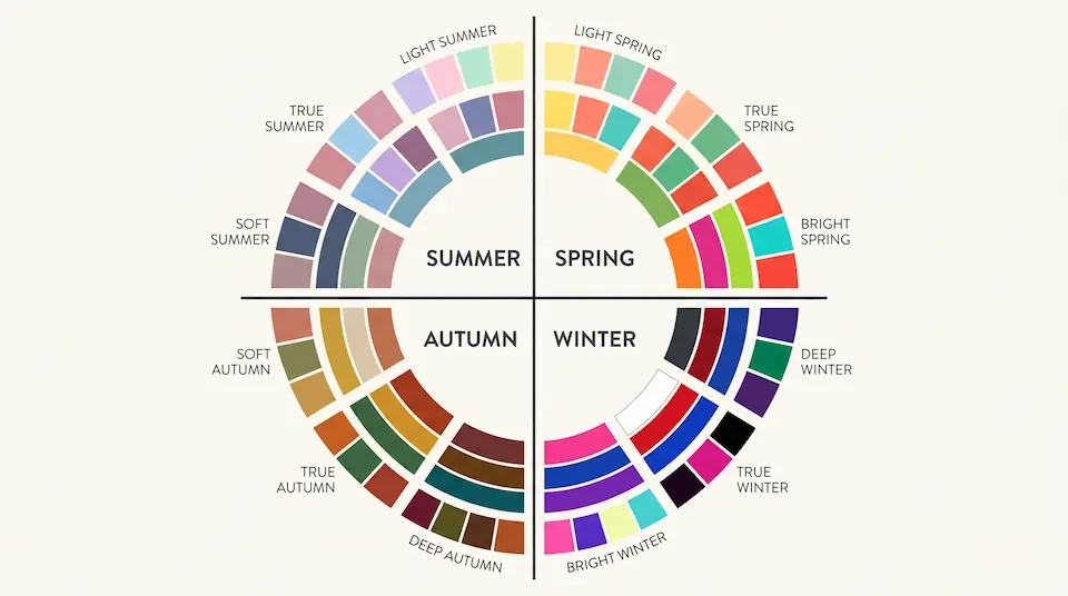12-season color analysis wheel showing color swatches for each season subcategory