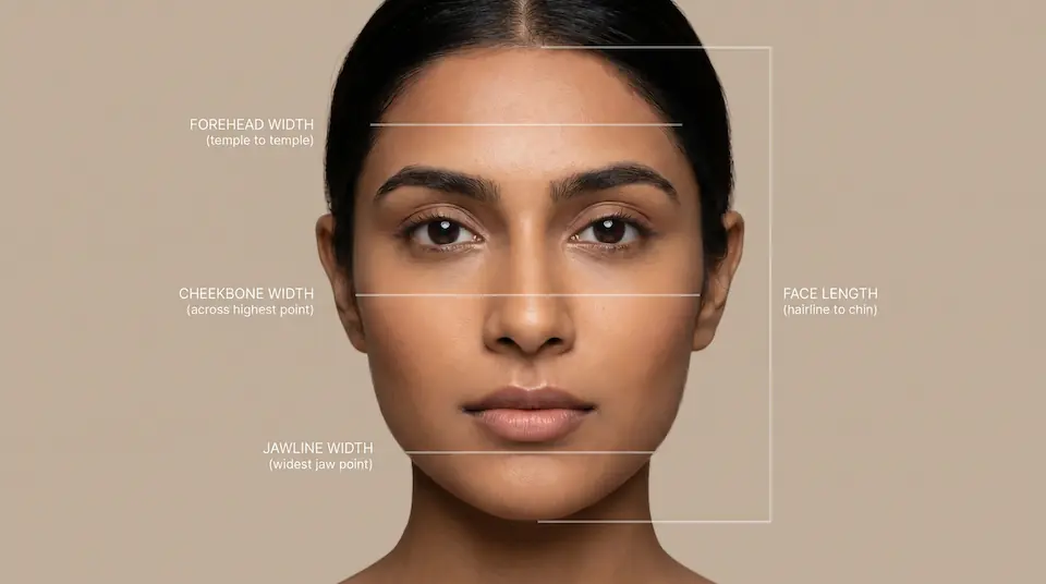 How to measure your face shape: forehead width, cheekbone width, jawline width, and face length with measurement guidelines