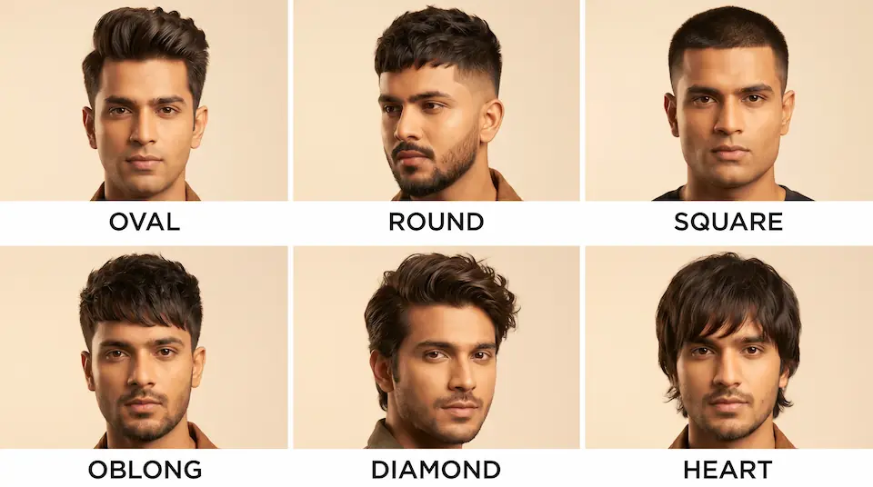 Best hairstyles for men by face shape: quiff for oval, textured crop for round, buzz cut for square, fringe for oblong, side part for diamond, layered for heart