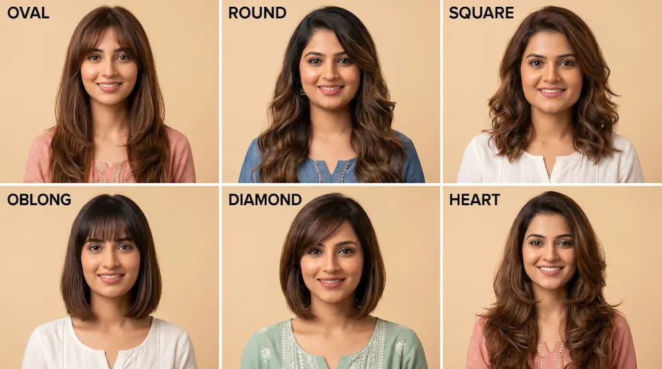 Best hairstyles for women by face shape: long layers for oval, side-swept bangs for round, soft waves for square, pixie for oblong, chin-length bob for diamond, side part for heart