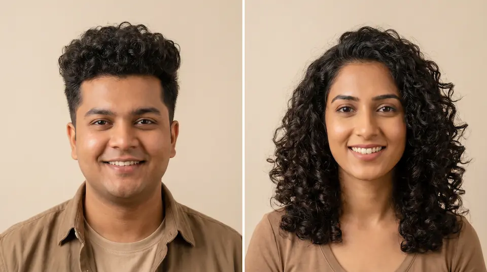 Indian man and woman with natural curly hair styled with DevaCut technique showing volume distribution based on face shape