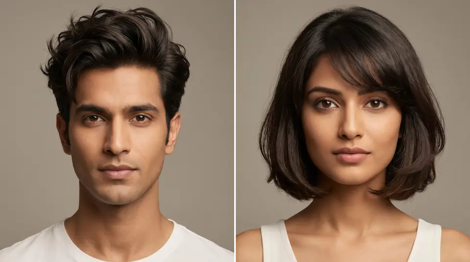 Side-by-side: Indian man with diamond face wearing side part with tousled texture for forehead width, Indian woman with diamond face wearing chin-length bob with side-swept bangs