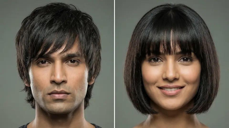 Side-by-side: Indian man with oblong face wearing textured fringe to shorten face length, Indian woman with oblong face wearing chin-length bob with straight-across bangs for width
