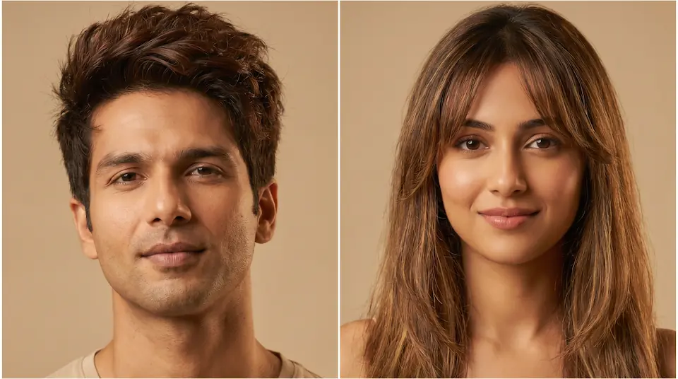 Side-by-side: Indian man with oval face wearing textured quiff, Indian woman with oval face wearing long layers with curtain bangs
