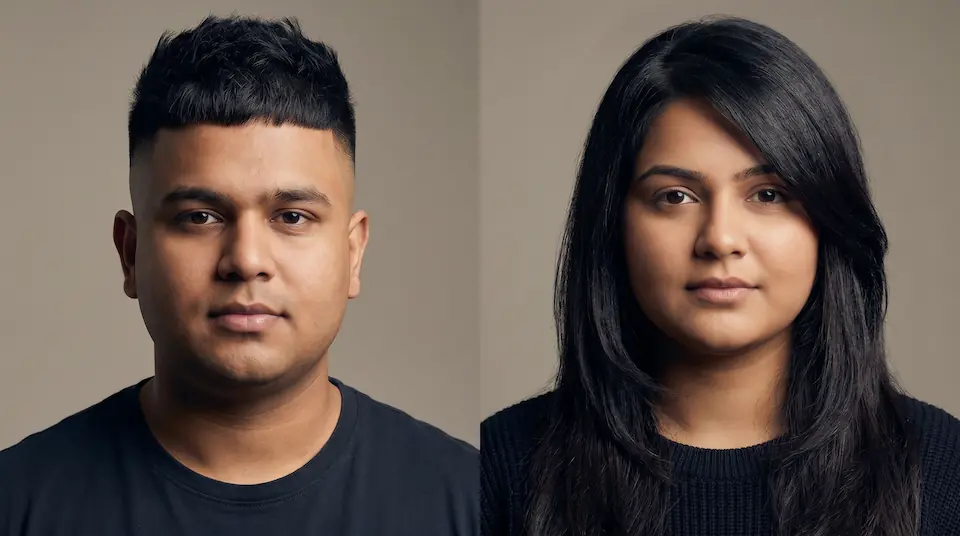 Side-by-side: Indian man with round face wearing textured crop with skin fade for elongation, Indian woman with round face wearing long layers with deep side part