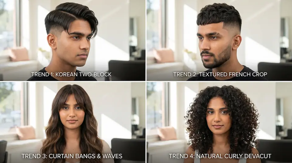 Trending hairstyles in India 2026: Korean two-block cut, textured French crop with fade, curtain bangs on Indian woman, natural curly DevaCut style