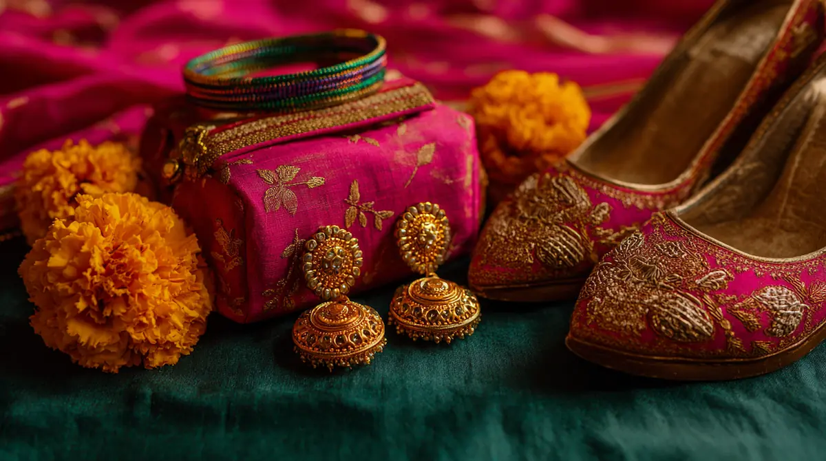 Indian wedding guest outfit accessories including dupatta, jhumka earrings, bangles, and marigold flowers on emerald velvet