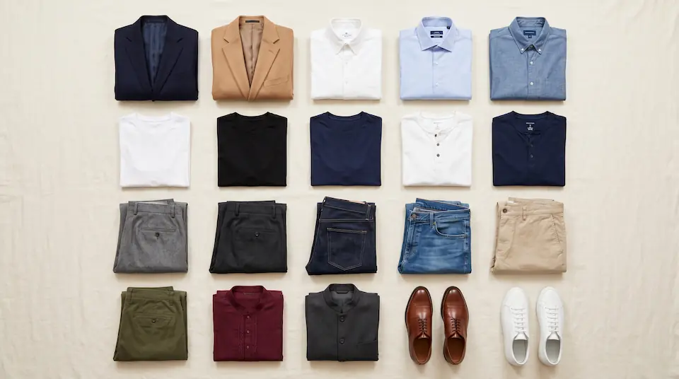 Men's 20-piece capsule wardrobe grid showing essential shirts, trousers, outerwear, and shoes for a complete versatile wardrobe