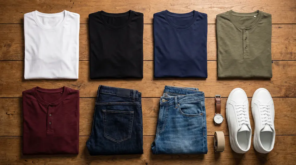 Indian men's casual wardrobe essentials flat lay: white and navy crew-neck tees, henley, dark indigo jeans, medium wash denim, clean white sneakers, minimal watch