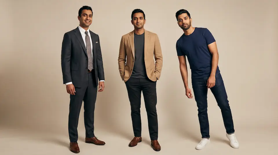 Men's dress code comparison: formal suit, smart casual blazer with chinos, and casual denim outfit side by side
