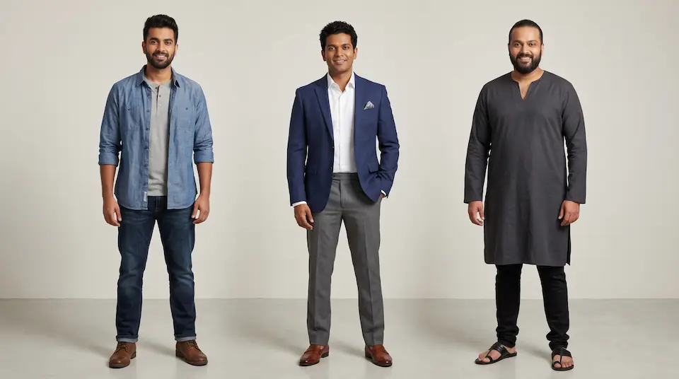 Three Indian men with different body shapes — rectangle in layered blazer look, trapezoid in fitted shirt, oval in dark V-neck kurta — showing how clothing choices complement each body type