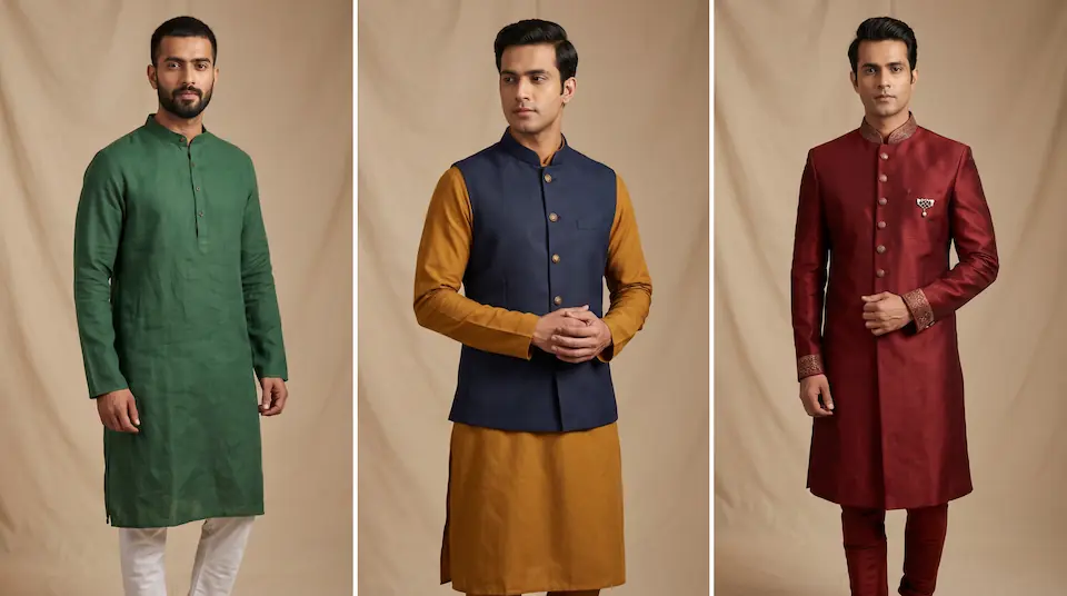 Indian men's occasion wear: embroidered kurta with nehru jacket, bandhgala suit, and festive sherwani