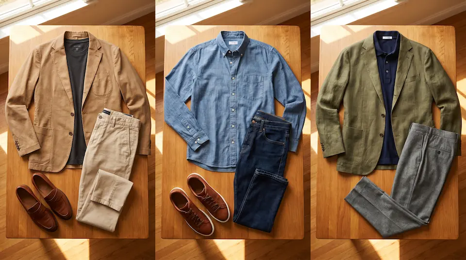 Three smart casual outfit examples for Indian men: tan blazer with crew-neck tee and chinos, chambray shirt with dark denim, linen blazer with polo and tapered trousers
