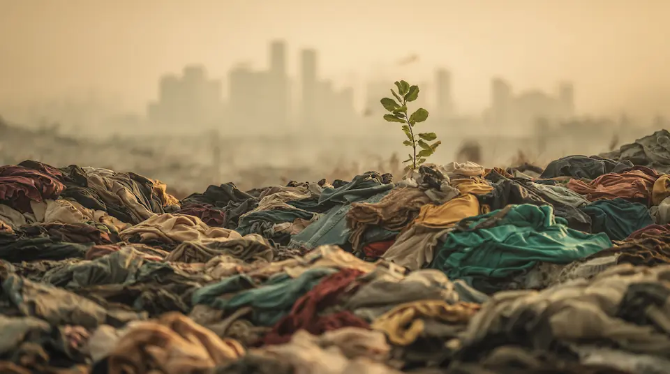 Pile of discarded fast fashion clothing in a landfill with a single green plant sprout growing through