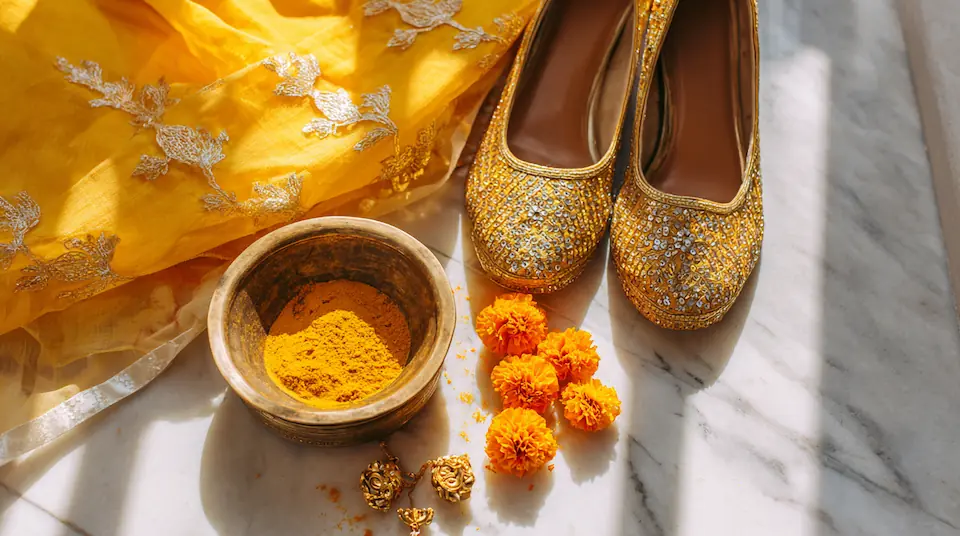 Haldi ceremony outfit flat lay with yellow anarkali, dupatta, floral jewelry, turmeric, and marigold petals