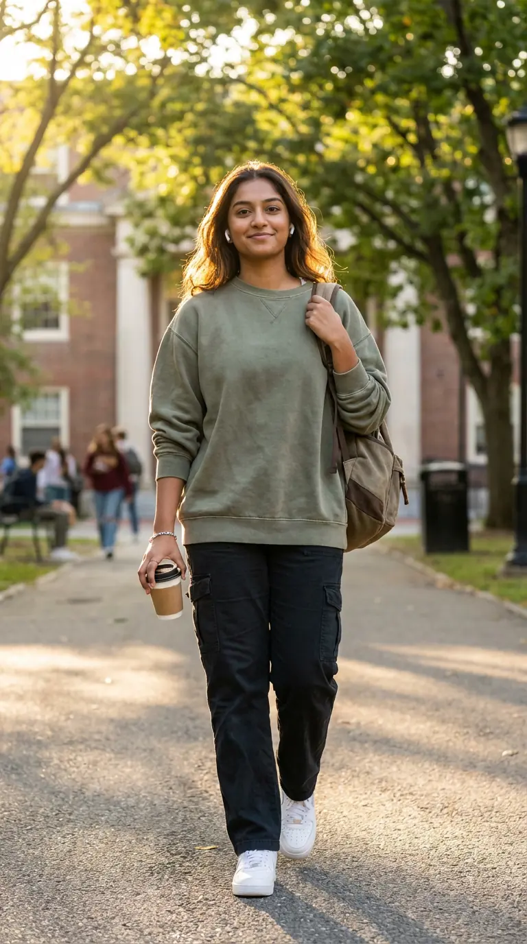 Vibrant college campus — tree-lined path, modern buildings, student in trendy effortless outfit walking with backpack
