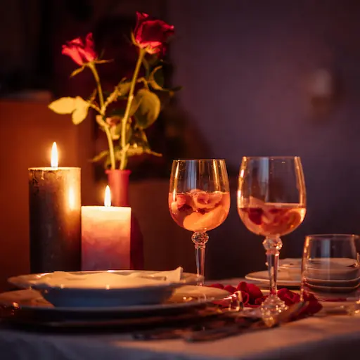 Close-up: hand adjusting watch, cocktail glass and candle flame in soft bokeh.