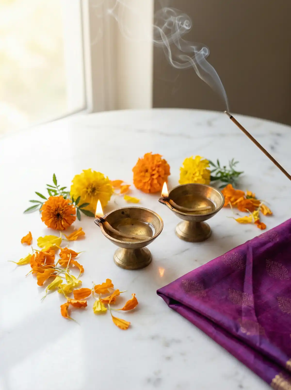 Close-up: lit brass diyas on marble, scattered marigold petals, silk fabric edge.