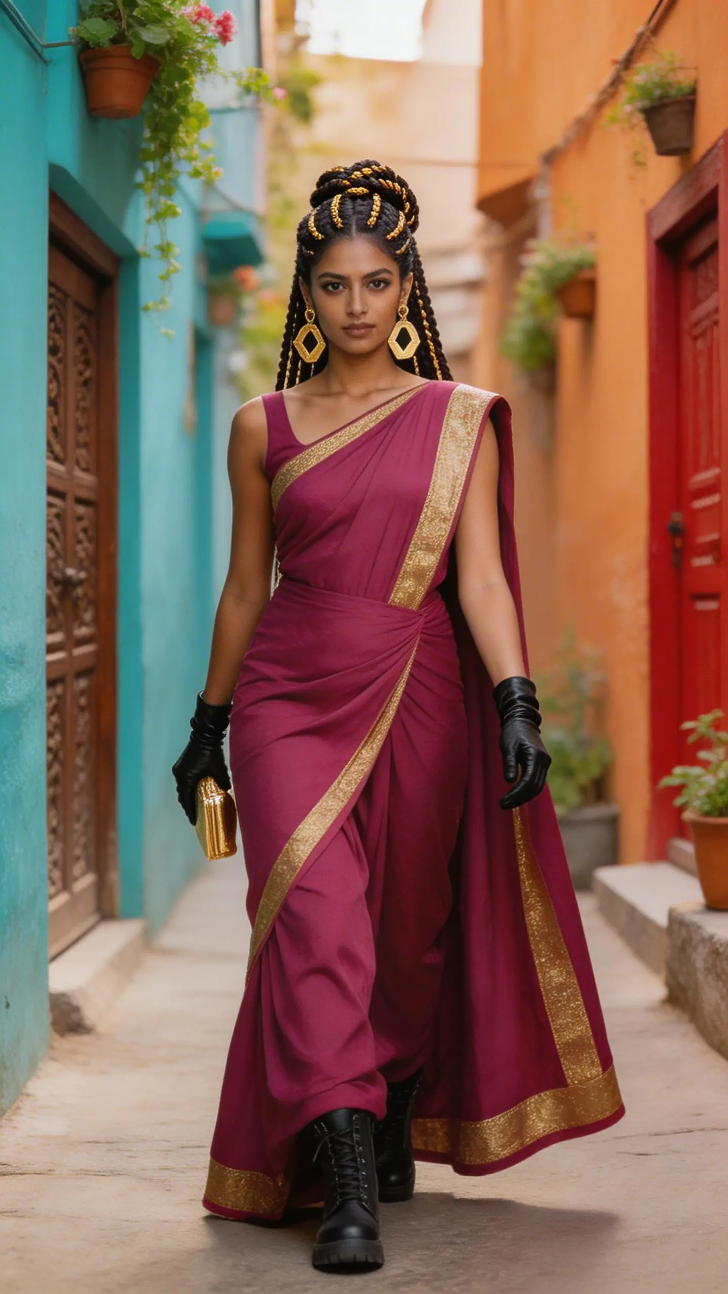 Striking editorial — person in bold avant-garde outfit before a dramatically painted mural wall, cinematic front lighting