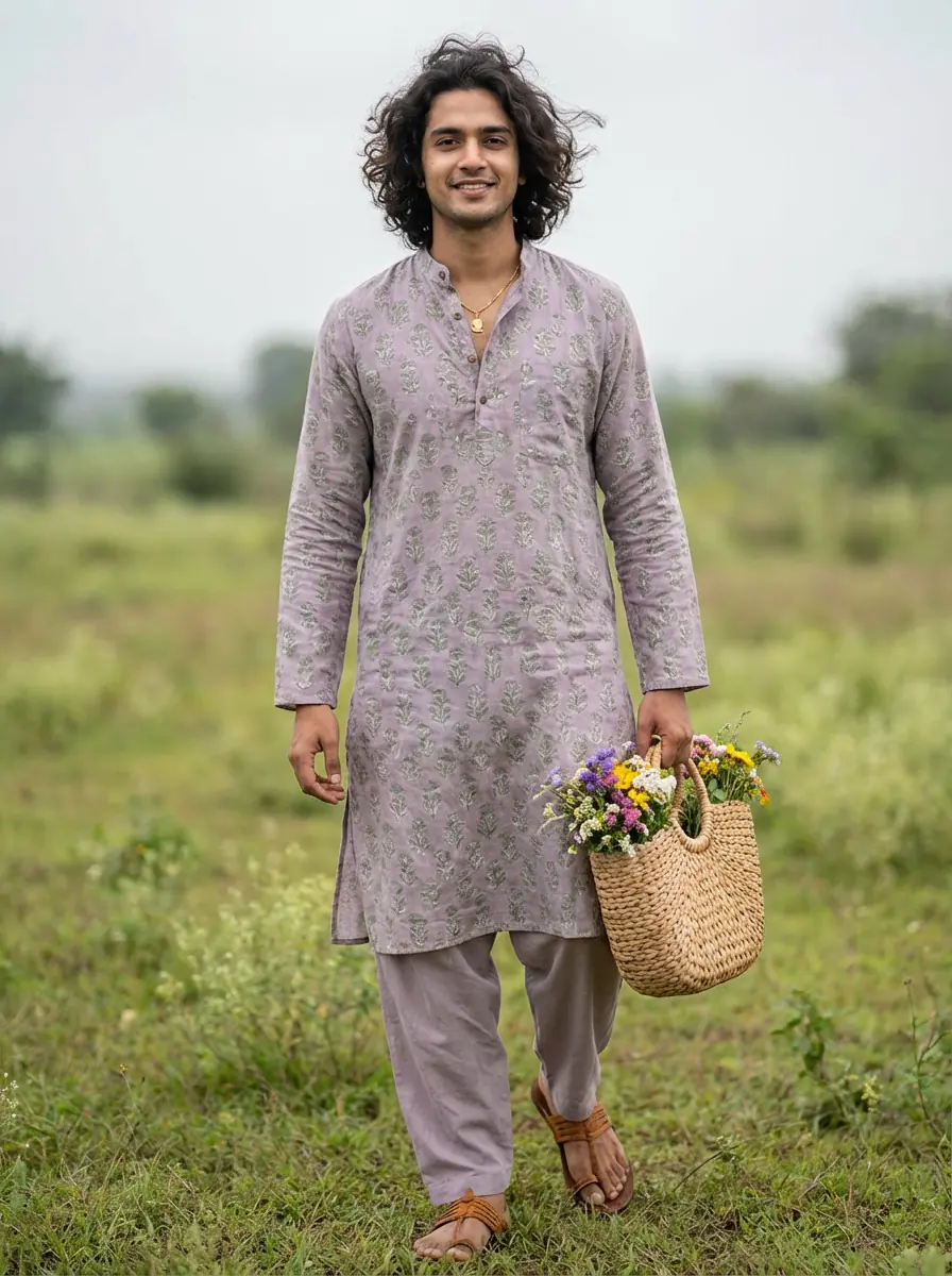 Cozy Cottagecore — A soft cottagecore outfit with Indian block-print — handloom dress, straw basket, wildflower field