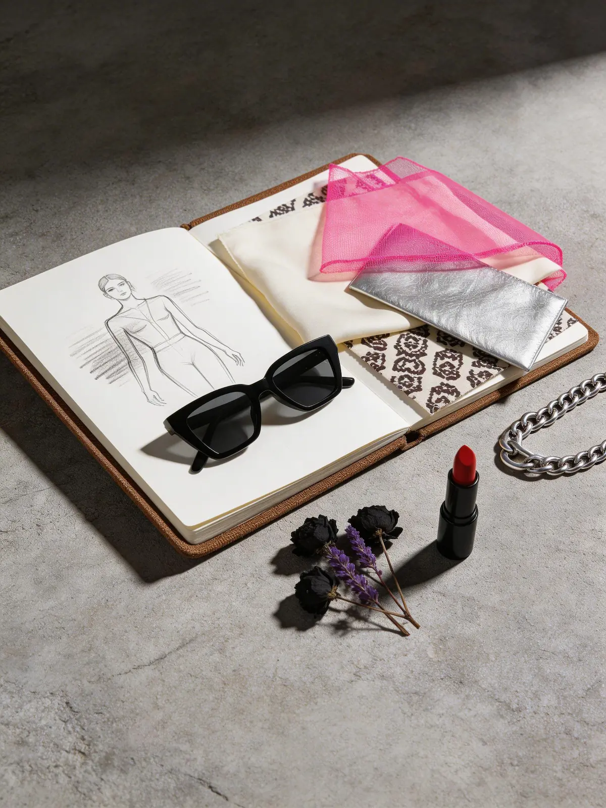 Sketchpad with fashion illustrations, fabric swatches in unexpected colors, bold sunglasses, metallic chain.