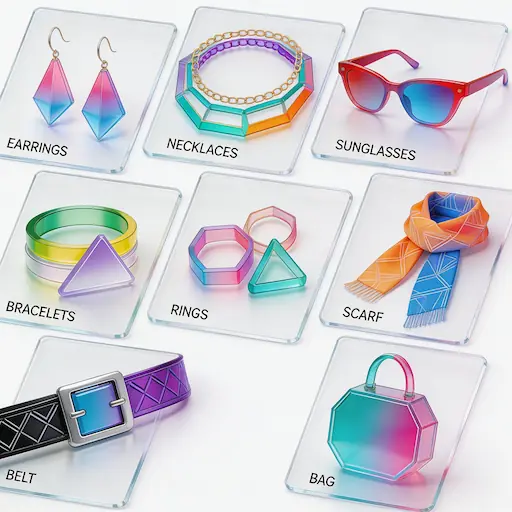 Sketchpad with fashion illustrations, fabric swatches in unexpected colors, bold sunglasses, metallic chain.