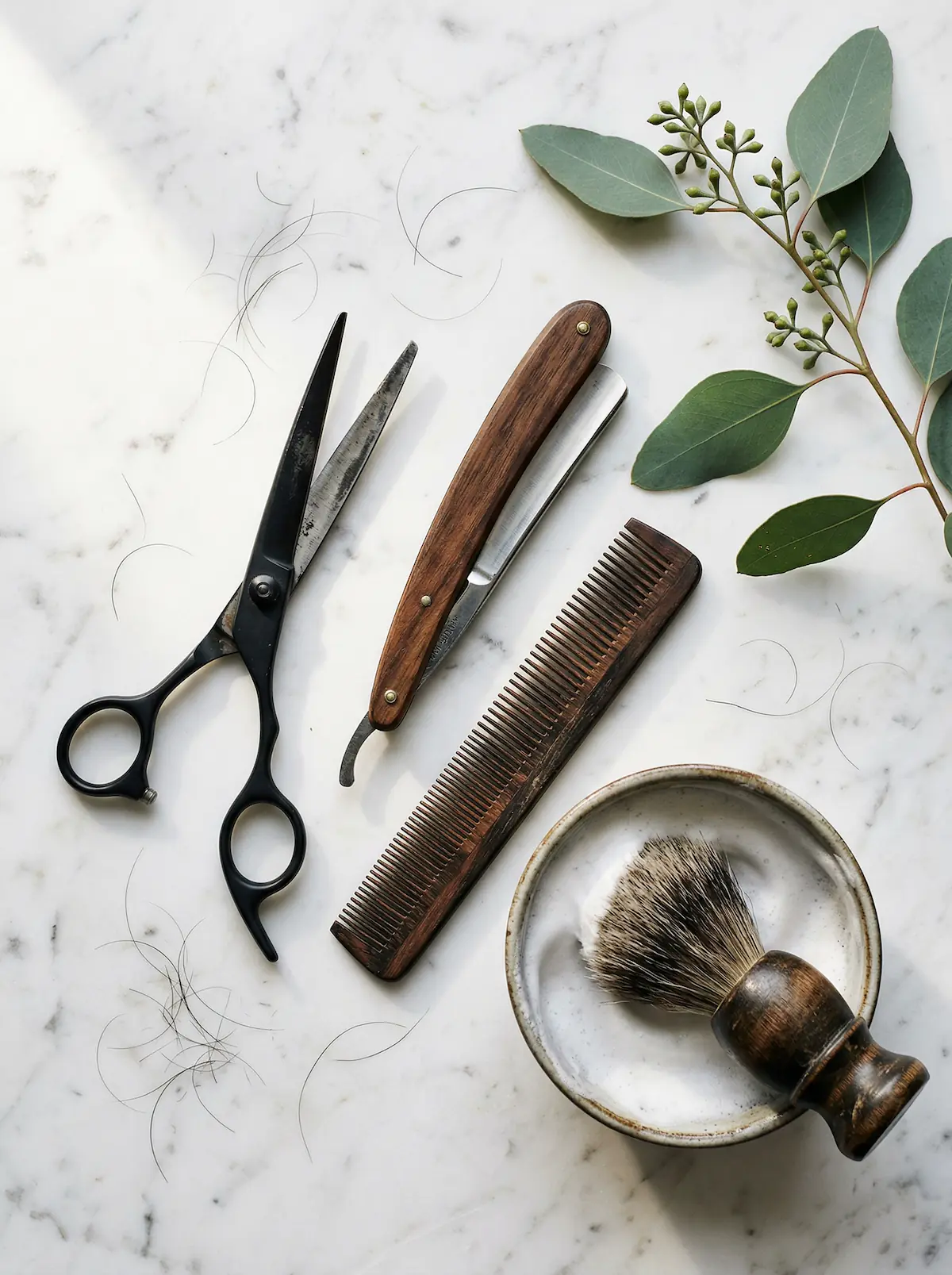 Close-up: professional scissors and comb on marble, freshly cut hair strands.