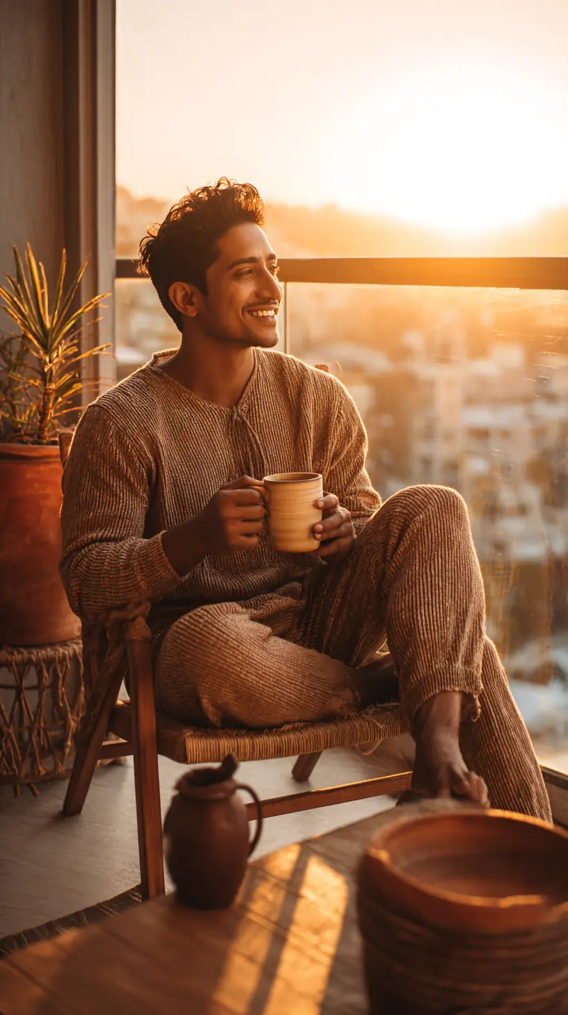 Warm sunlit lifestyle scene — person in beautifully curated casual outfit walking through tree-lined park, bright daylight