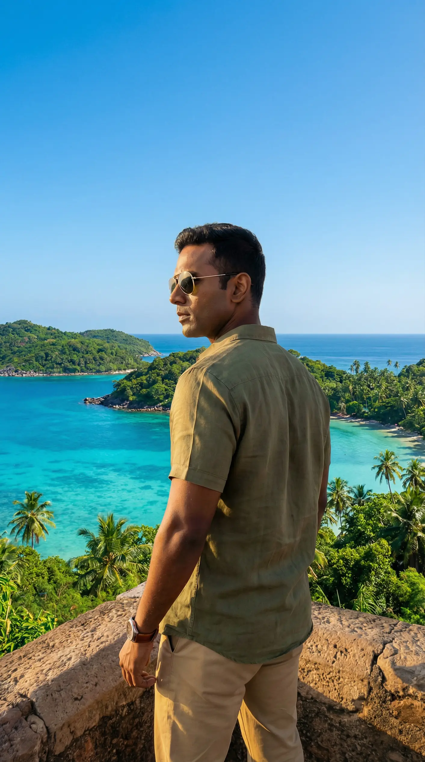 Modern airport terminal — person in polished travel attire, soaring glass walls, soft natural light, departure boards in bokeh